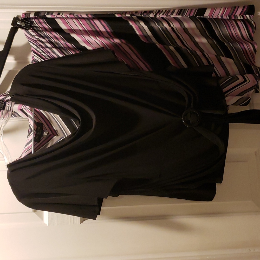 Blouse skirt set,scallop sleeve, faux belt cowl neck, below knee elastic skirt